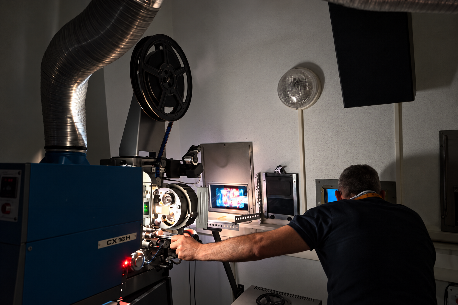 Projectionniste au projecteur CX 16 H en cabine du cinéma Le Cercle